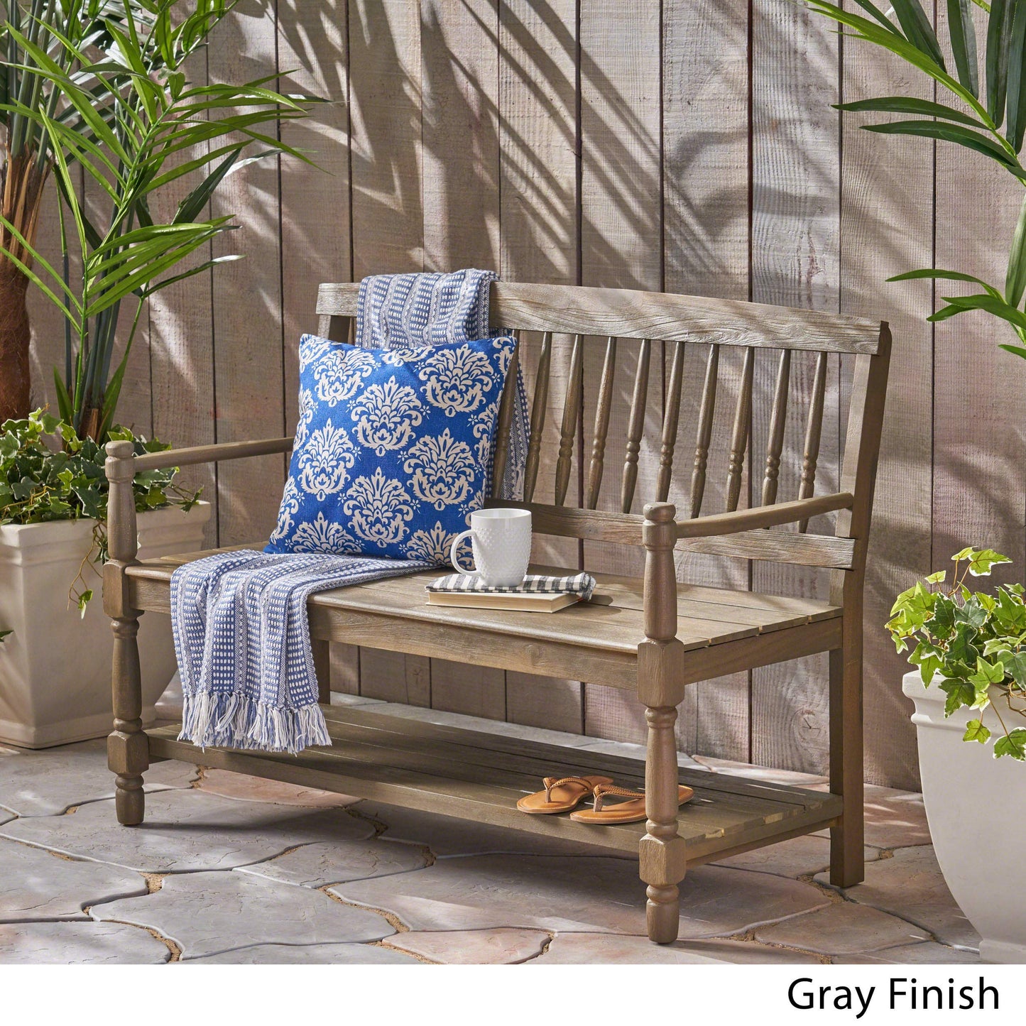 Great Deal Furniture Christopher Knight Home Cody Outdoor Acacia Wood Bench with Shelf, Gray Finish - WoodArtSupply