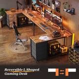 PRAISUN 53" L Shaped Desk with Power Outlets and USB-C Port, Reversible Computer Corner Office Desk with 4 Fabric Drawers and 2 Height-Adjustable Shelves, Large for Gaming Writing Study, Rustic Brown PRAISUN