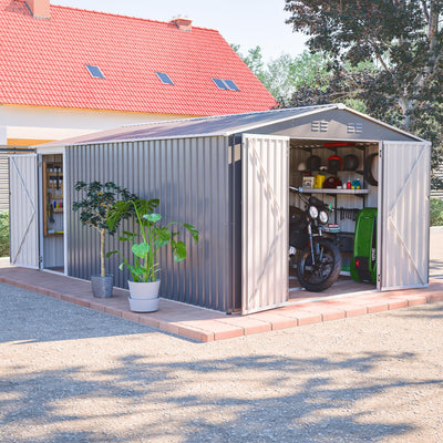 10×14 Ft Metal Outdoor Storage Shed with Floor Base and Side Door, 0.25mm Galvanized Steel Metal Garden Shed Waterproof with Lockable Door for Backyard, Patio, Garden, Dark Grey