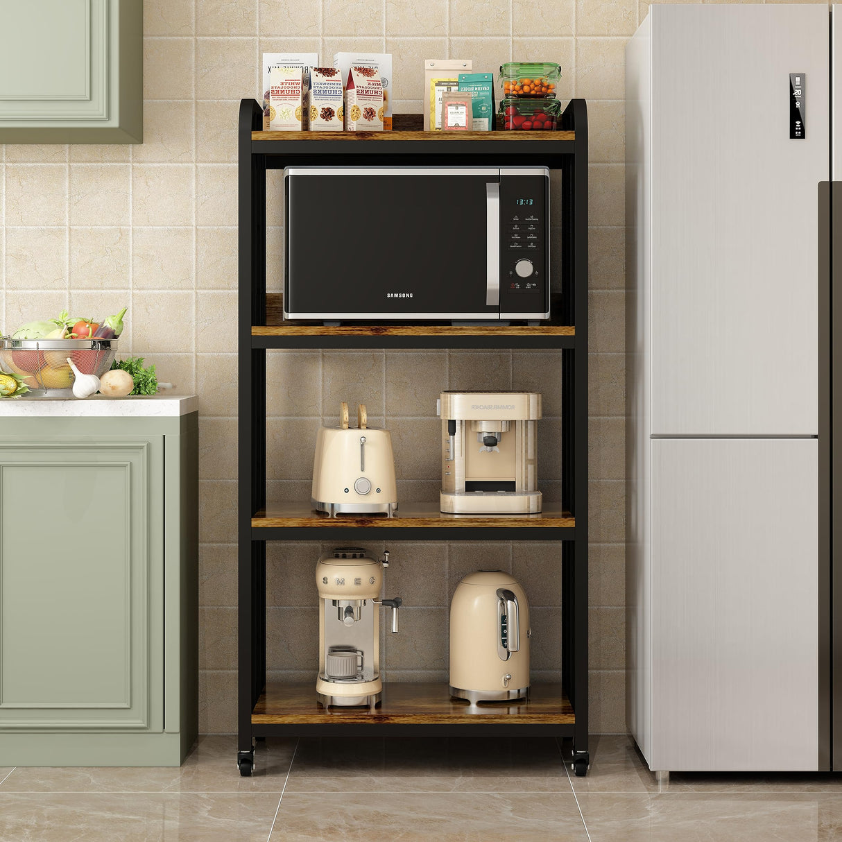 4-Tier Kitchen Baker's Rack with Rolling Wheels, Microwave Oven Cart Stand, Adjustable Utility Shelving Storage Unit, Heavy Duty Organizer Rack for Living Room, Garage, Home and Office(Brown) SUININGCOOL