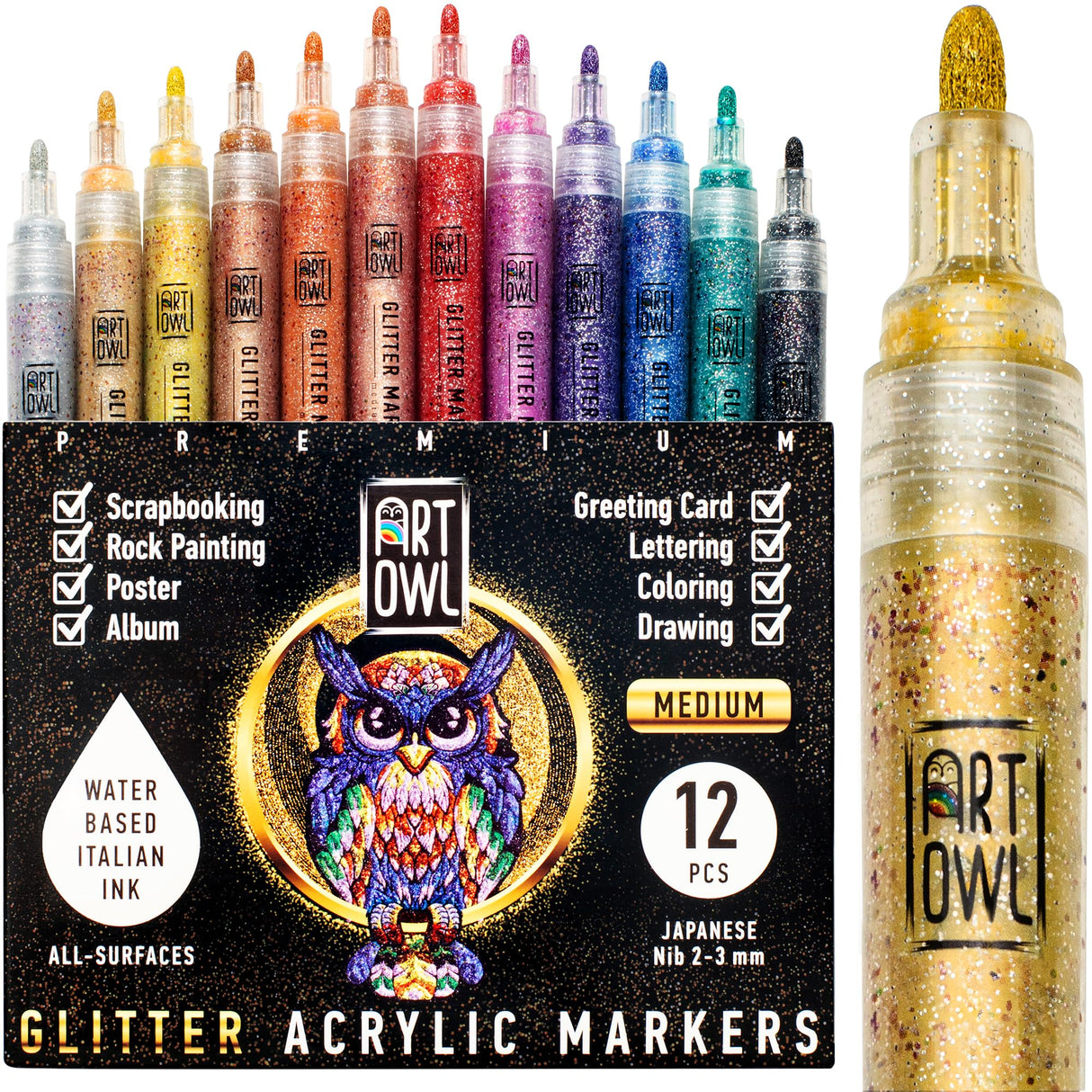 Art Owl Acrylic Glitter Paint Marker Pens, Medium Pens for Rock Painting, Stone, Ceramic, Glass, Wood, Fabric, Card Making, Canvas, DIY Crafts - Set of 12 Sparkle Paint Markers Art Owl