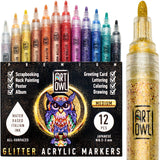 Art Owl Acrylic Glitter Paint Marker Pens, Medium Pens for Rock Painting, Stone, Ceramic, Glass, Wood, Fabric, Card Making, Canvas, DIY Crafts - Set of 12 Sparkle Paint Markers Art Owl