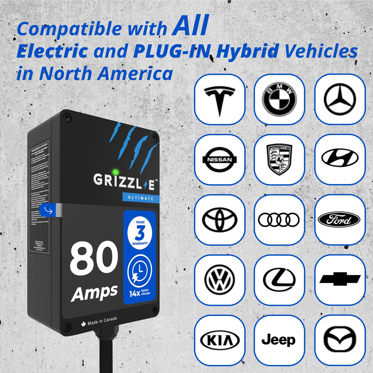 Grizzl-E Ultimate Level 2 Fastest 80A / 19.2 kW Electric Vehicle (EV) Charger, UL Tested and Certified, Metal Case, Indoor/Outdoor Electric Car Fast Charging Station, Hardwired, Classic Black, J1772 Grizzl-E