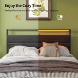 Full Size HOJINLINERO Bed Frame with Wood Headboard, LED Lights & Charging Station HOJINLINERO