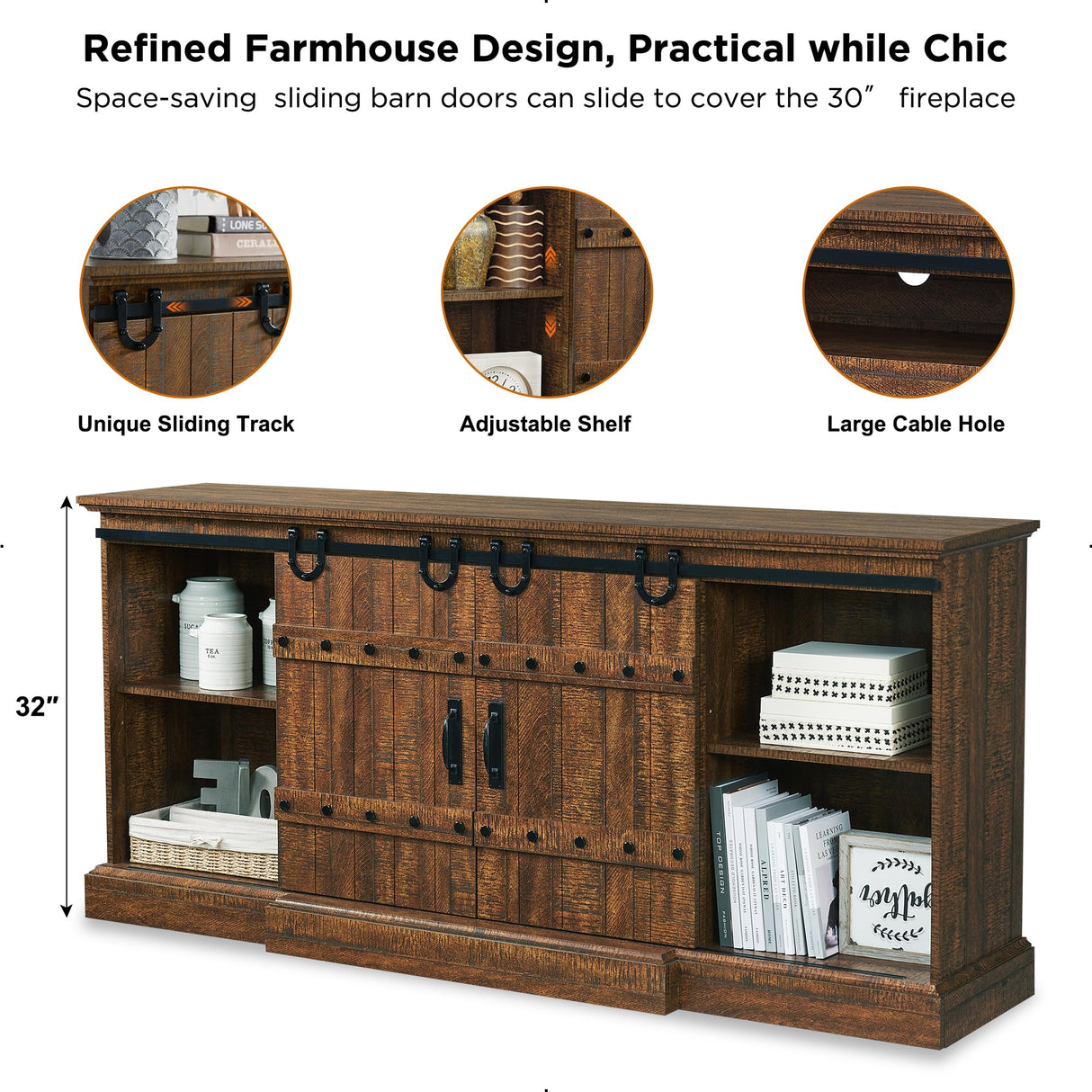 OKD 70" Fireplace TV Stand for 75 80 Inch TV, Farmhouse Highboy Entertainment Center with 30" Electric Fireplace &Sliding Barn Doors, 32" Tall Media Console Cabinet for Living Room, Reclaimed Barnwood OKD