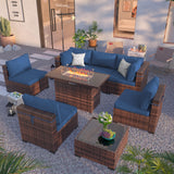 Amopatio 8 Piece Outdoor Patio Furniture Set with 44” Fire Pit Table Rattan Conversation Sectional Sets, Patio Couch with Tempered Glass Tea Table, Thickened Navy Cushions for Porch Backyard Lounge Amopatio