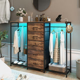 Espelism Dresser for Bedroom with Clothes Rack 5 Drawer Dresser with Charging Station LED Lights White Chest of Drawers Flexible Shelf and Open Storage Space for Bedroom Living Room (Brown) Espelism