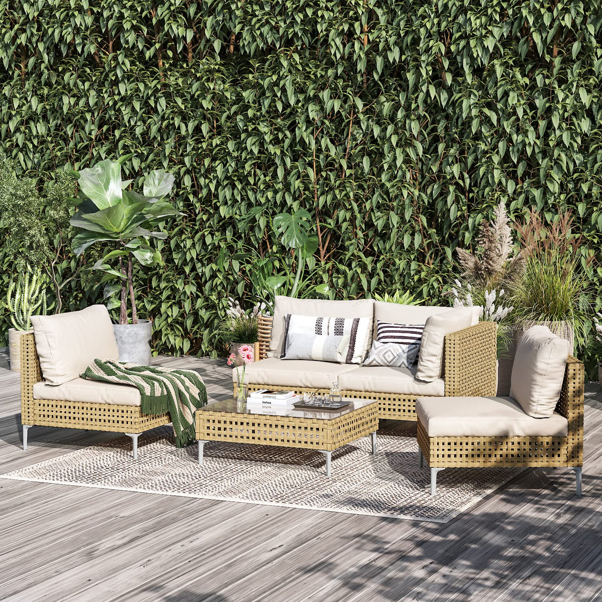 Grand patio 5-Piece Wicker Patio Furniture Set, Boho Outdoor Sectional Sofa with Water Resistant Thick Cushions Coffee Table, Beige Grand patio