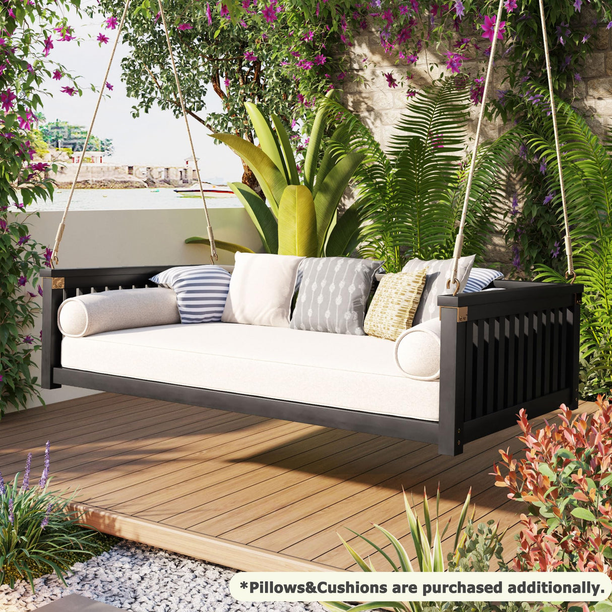 Wooden Porch Swing 2-Seater, Patio Swing Bed with Ropes and Safe Sloped Design, Outside Patio Swing for Backyard, Poolside (Gray) BEDGJH