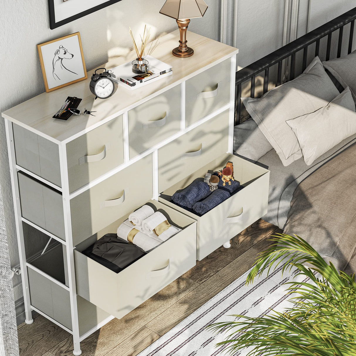 YITAHOME Dresser with 9 Drawers - Fabric Storage Tower, Tall Chest Organizer Unit for Living Room, Entryway with Sturdy Steel Frame, Wooden Top, Cream YITAHOME