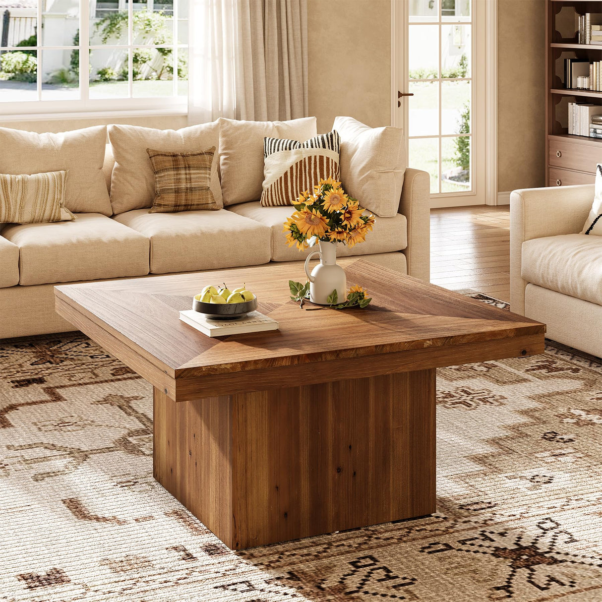 TRIBEWOOD Wood Coffee Table for Living Room, 35.43" Mid Century Modern Square Center Cocktail Table, Farmhouse Accent Tea Cocktail Furniture for Small Space, Office, Rustic Brown TRIBEWOOD