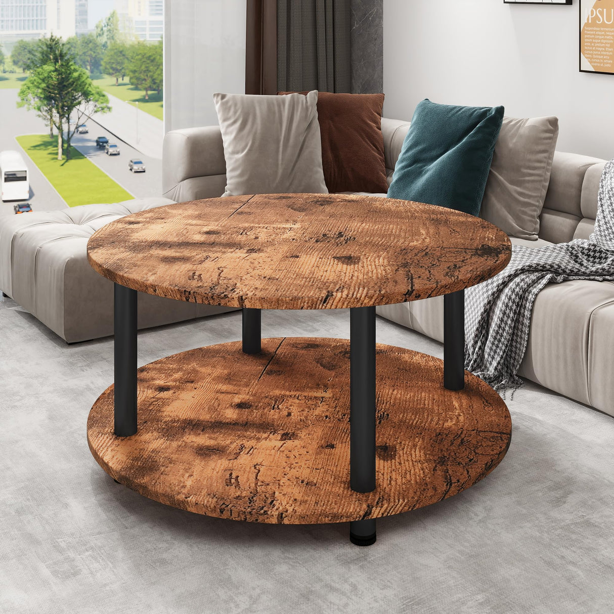 VERFARM 23.6" Round Coffee Table, 2-Tier Small Circle Coffee Table with Storage, Modern Center Accent Table with Metal Frame, Side Table End Table for Small Space, Living Room, Office, Rustic Brown VERFARM