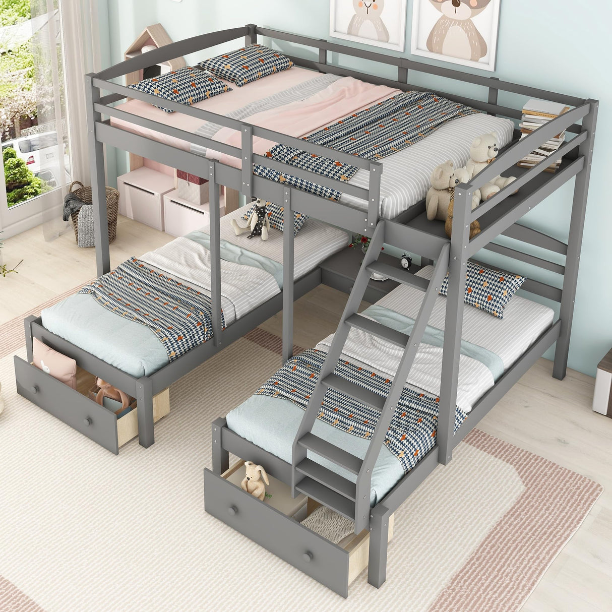 Harper & Bright Designs Triple Bunk Beds with Drawers and Guardrails,Full Over Twin & Twin Bunk Bed with Storage, Wooden Triple Bunk for Kids, Teens,Girls Boys (Gray with Drawers) Harper & Bright Designs