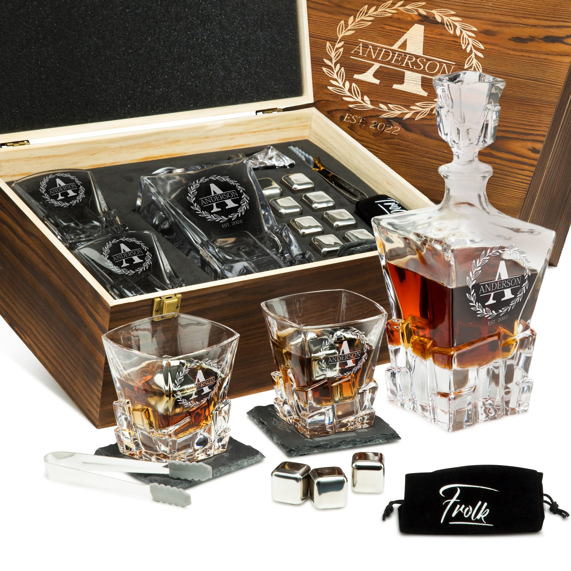 Personalized Whiskey Decanter and Stones Set - Customized Gift for Men, Dad, Father - Engraved Rocks Whiskey Decanter, 2 XL Glasses, 8 Whisky Cubes, - WoodArtSupply