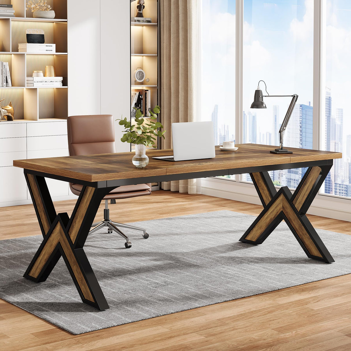 Tribesigns 63 Inches Large Office Desk, Modern Executive Computer Desk with Thickened Frame and Board, Executive Office Desk Workstation Business Office Furniture, Rustic Brown & Black Tribesigns