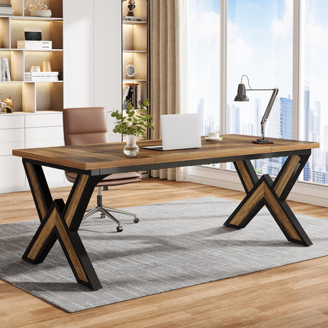 Tribesigns 63 Inches Large Office Desk, Modern Executive Computer Desk with Thickened Frame and Board, Executive Office Desk Workstation Business Office Furniture, Rustic Brown & Black Tribesigns