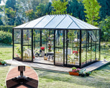 AMERLIFE 14x9.5x9 FT Hybrid Polycarbonate Greenhouse Quick Connector Fast Assembly, Swing 2 Doors Clear Panels, Walk-in Large Aluminum Greenhouse Winter Greenhouse for Outdoors, Black AMERLIFE