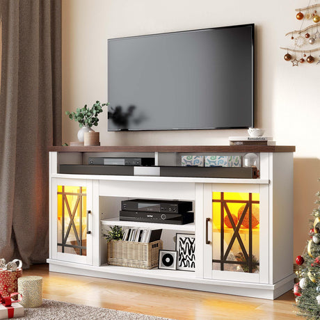 YITAHOME TV Stands for 65/55 Inch Television, 32'' Tall Farmhouse Entertainment Center with Adjustable Shelf and Glass Doors, LED TV Media Console for Living Room, Curved Desktop, White & Brown YITAHOME
