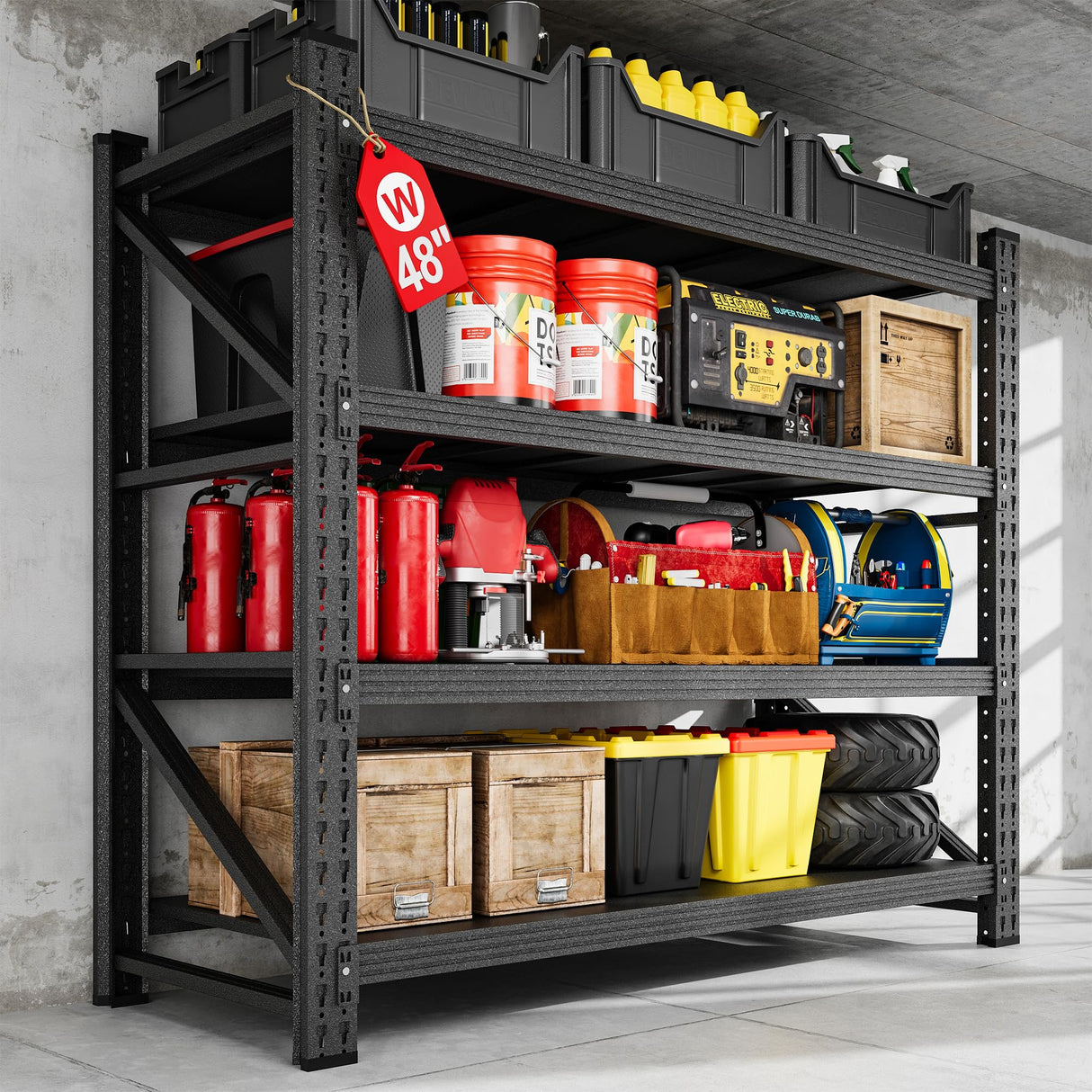 48" Wide Garage Shelving Heavy Duty 4-Tier Adjustable Storage Shelves Unit,3000 LBS Metal Utility Rack Shelf for Industries, Warehouses, Basement,Black (48" W x 24" D x 70" H) heycode