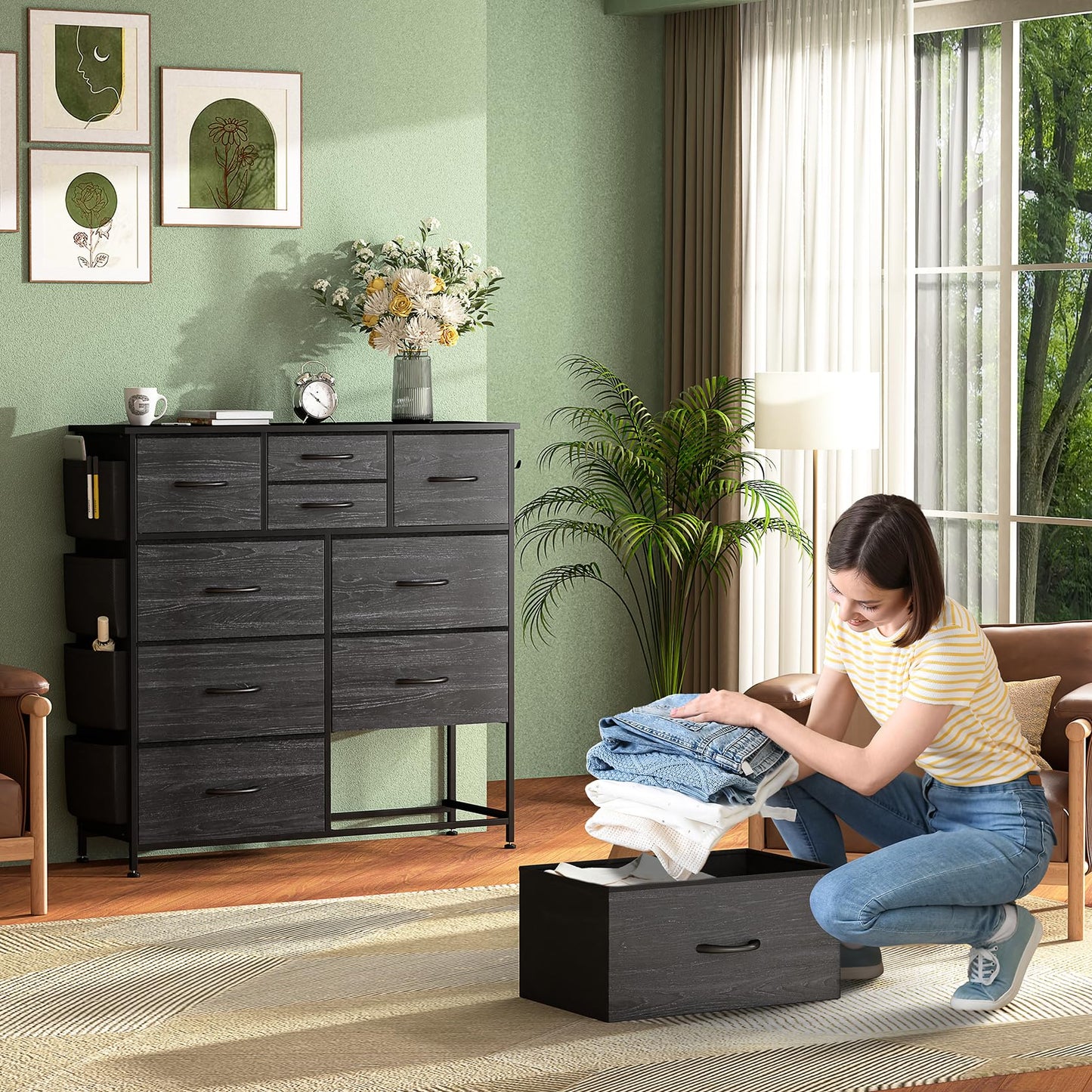 YaFiti Dresser for Bedroom with 10 Drawers, Chest of Drawers with Side Pockets, Hooks, Wooden Top and Sturdy Metal Frame, Fabric Dresser Drawers for Living Room, Hallway (Black Wood Veins) - WoodArtSupply