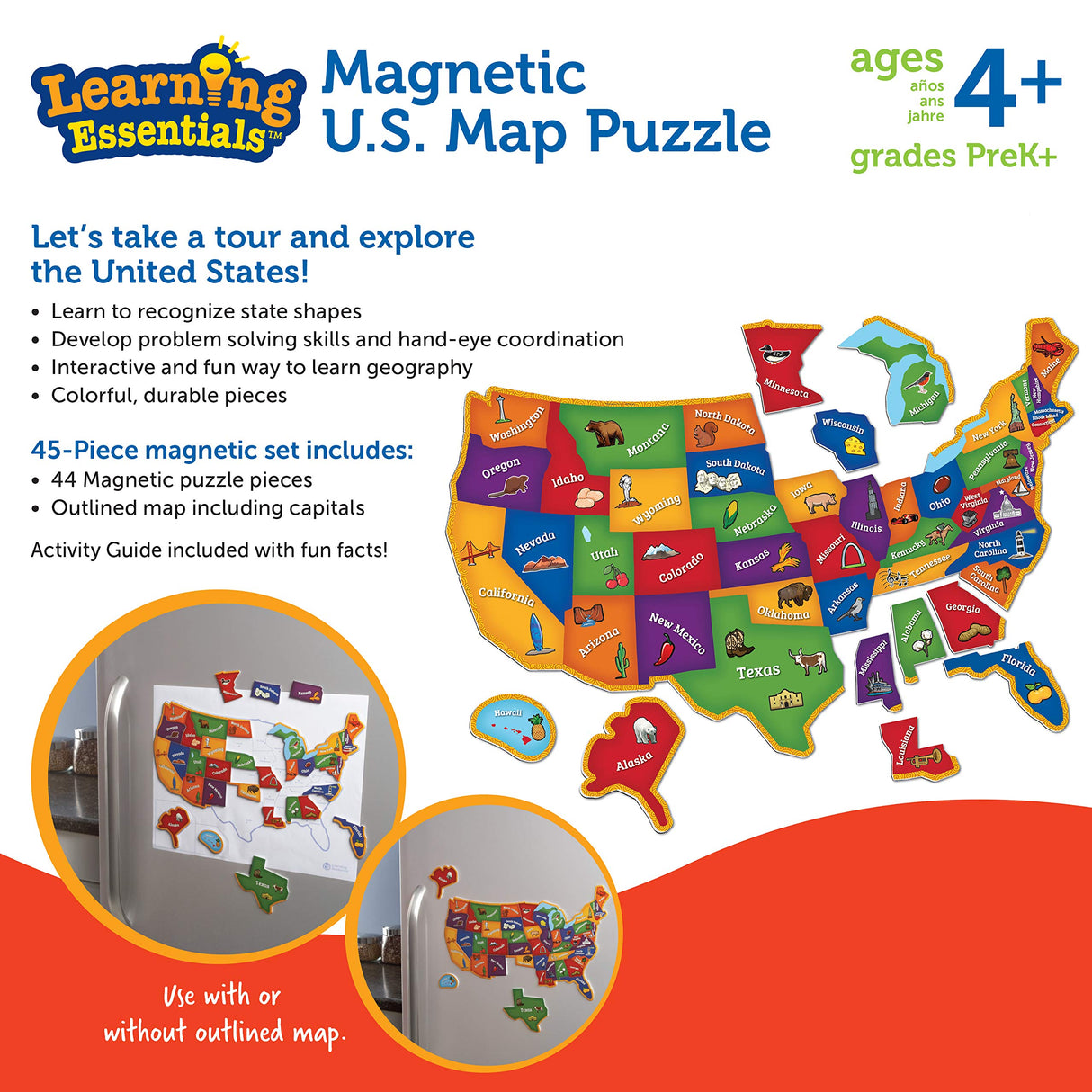 Learning Resources Magnetic US Map Puzzle - 44 Pieces, Puzzles for Kids Ages 4+, US Map for Kids Learning, Geography for Kids,Kindergartner Learning Toys Learning Resources