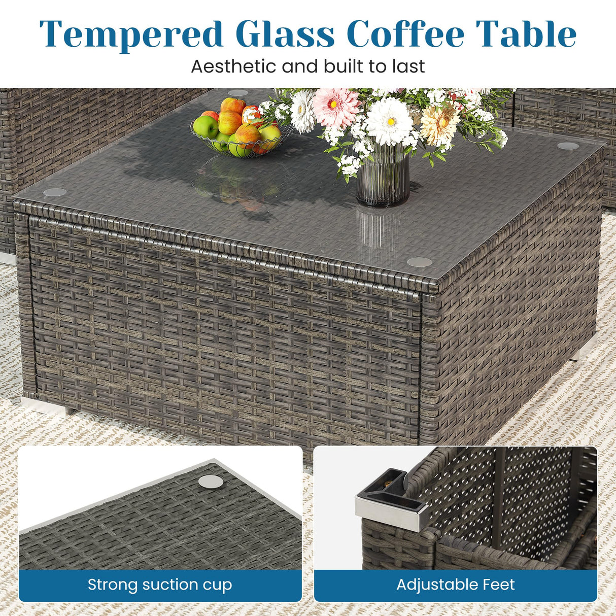 5 Pieces Outdoor Patio Furniture Set, Patio Sectional Furniture Set, All-Weather Wicker Rattan Patio Conversation Set with Washable Thick Cushions and Coffee Table, Outdoor Patio Sofa Couch Set, Grey May in Color