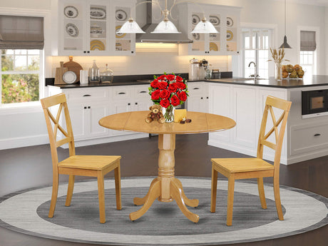 East West Furniture DLBO3-OAK-W 3 Piece Dining Set Contains a Round Dining Room Table with Dropleaf and 2 Wood Seat Chairs, 42x42 Inch, Oak East West Furniture