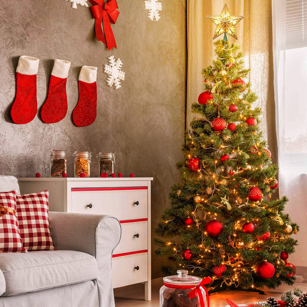 Brizled 9.5” Christmas Star Tree Topper, Gold Dual-side 3D Star Treetop, Glittered Tree Top with 10 Warm White Lights, UL Certified Lighted Xmas Treetop for Holiday Christmas Tree Decor Brizled