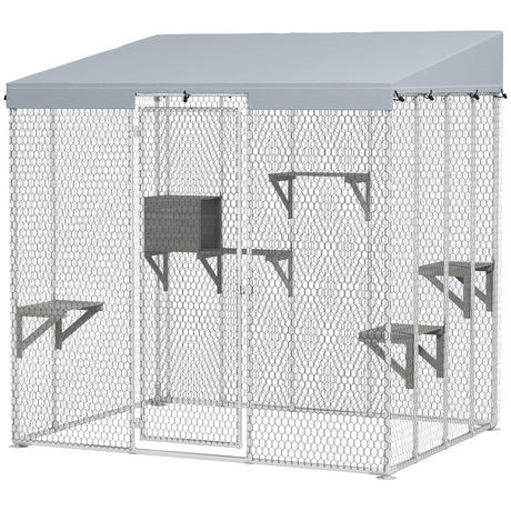 PawHut 79" Large Catio Outdoor Cat Enclosure, Galvanized Steel Outdoor Cat House with 420D Waterproof Canopy for 1-3 Large Cat, Walk-in Cat Cage with Sleeping Box, Jumping Platforms, Silver PawHut