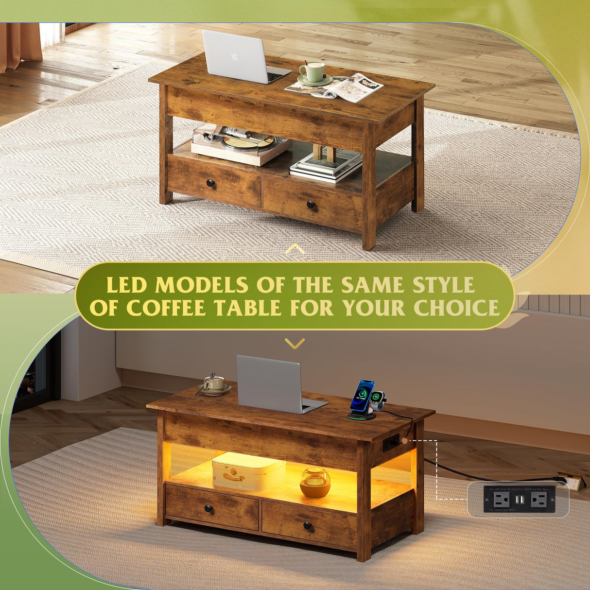 WLIVE Coffee Table, Lift Top Coffee Table with 2 Drawers, Large Storage and Open Shelf, Lift Tabletop for Living Room, Rustic Brown WLIVE