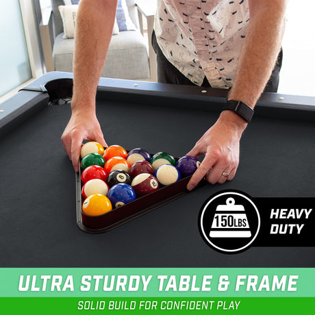GoSports 7 ft Billiards Table - Portable Pool Table - Includes Full Set of Balls, 2 Cue Sticks, Chalk, and Felt Brush - BLACK GoSports