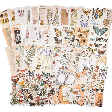 Knaid Vintage Scrapbook Supplies Pack (200 Pieces) for Junk Journal Bullet Journals Planners Botanical Paper Stickers Craft Kits Aesthetic Cottagecore Collage Album (Nature) Knaid