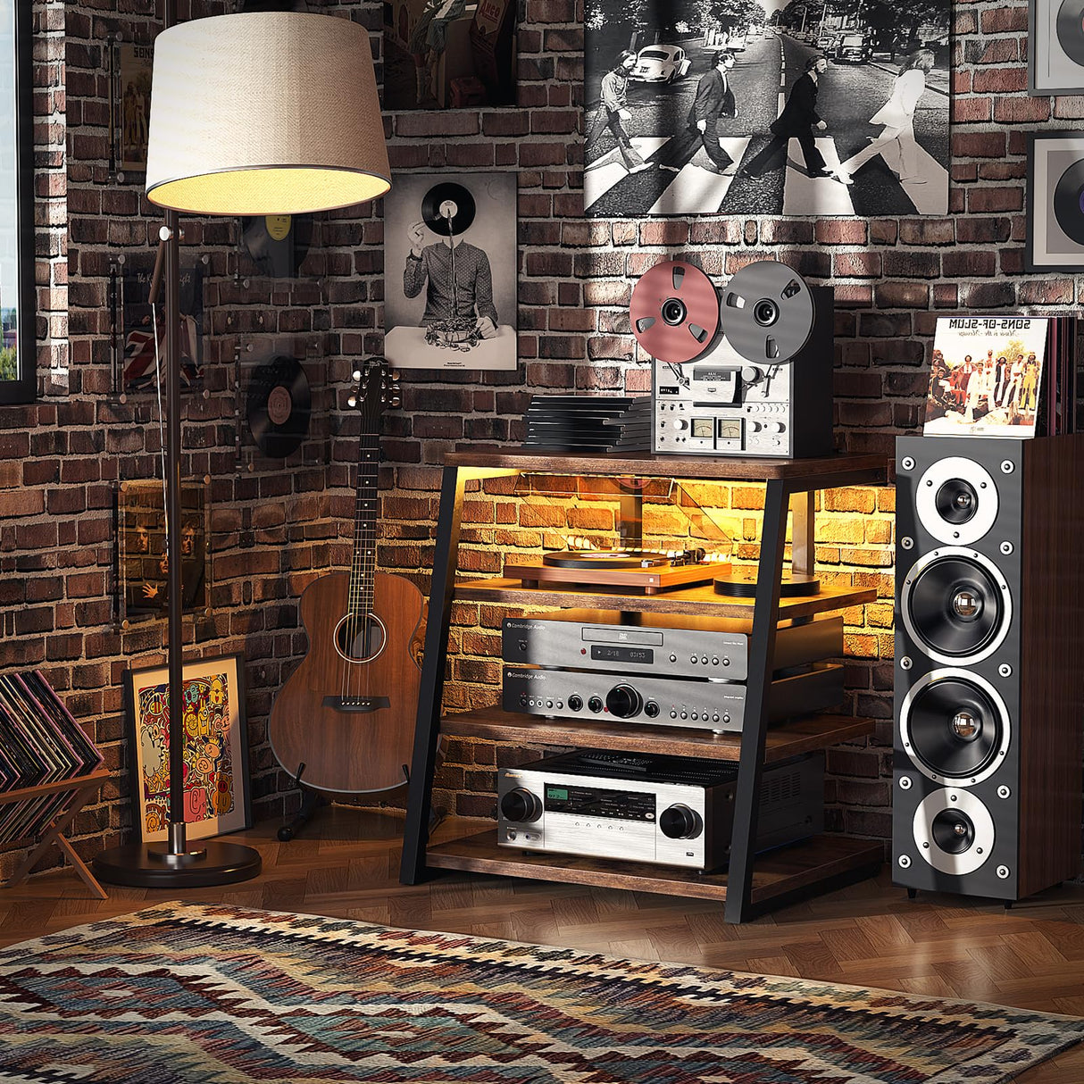 armocity 4-Tier AV Media Stand with Power Strips, Corner TV Stand with LED Lights, Rack Audio Tower with Adjustable Shelves, Corner Entertainment Center, 30'', Rustic Brown armocity