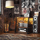 armocity 4-Tier AV Media Stand with Power Strips, Corner TV Stand with LED Lights, Rack Audio Tower with Adjustable Shelves, Corner Entertainment Center, 30'', Rustic Brown armocity