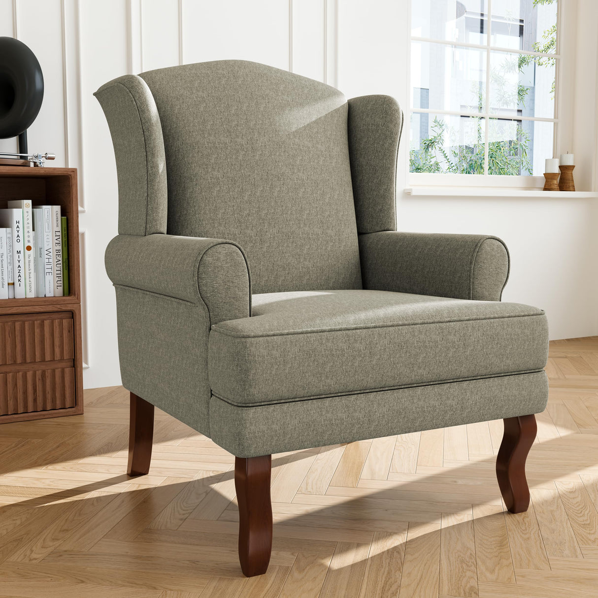 UIXE High Back Accent Chair for Living Room, Comfy Upholstered Arm Chair in Fabric with Retro Solid Wood Legs, Traditional Armchair Single Sofa Reading Seat - Light Camel UIXE