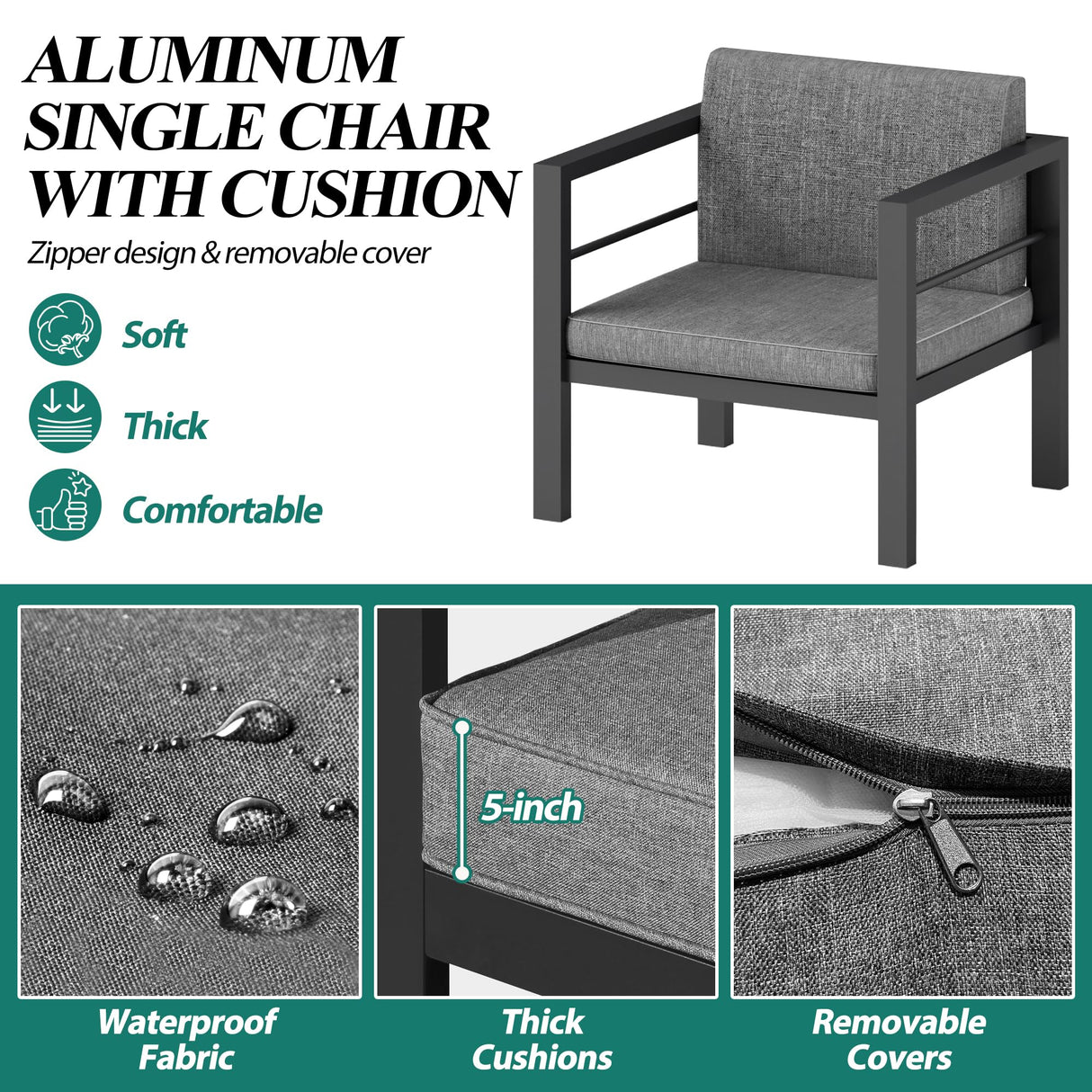 GARTOO Outdoor Aluminum Armchairs Set of 2 - Patio Furniture Single Chairs with Waterproof Cushions, Modern Outside Weather Resistant Sofa Seat for Balcony, Garden, Poolside GARTOO