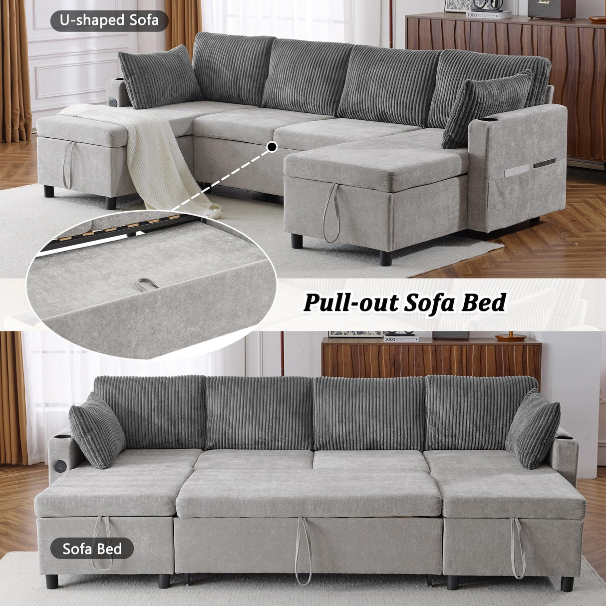 Merax Pull-Out Sofa Bed Sleeper Pull Out Sectional Couch with Storage, USB, Cup Holder for Apartment Living Room, Gray Merax