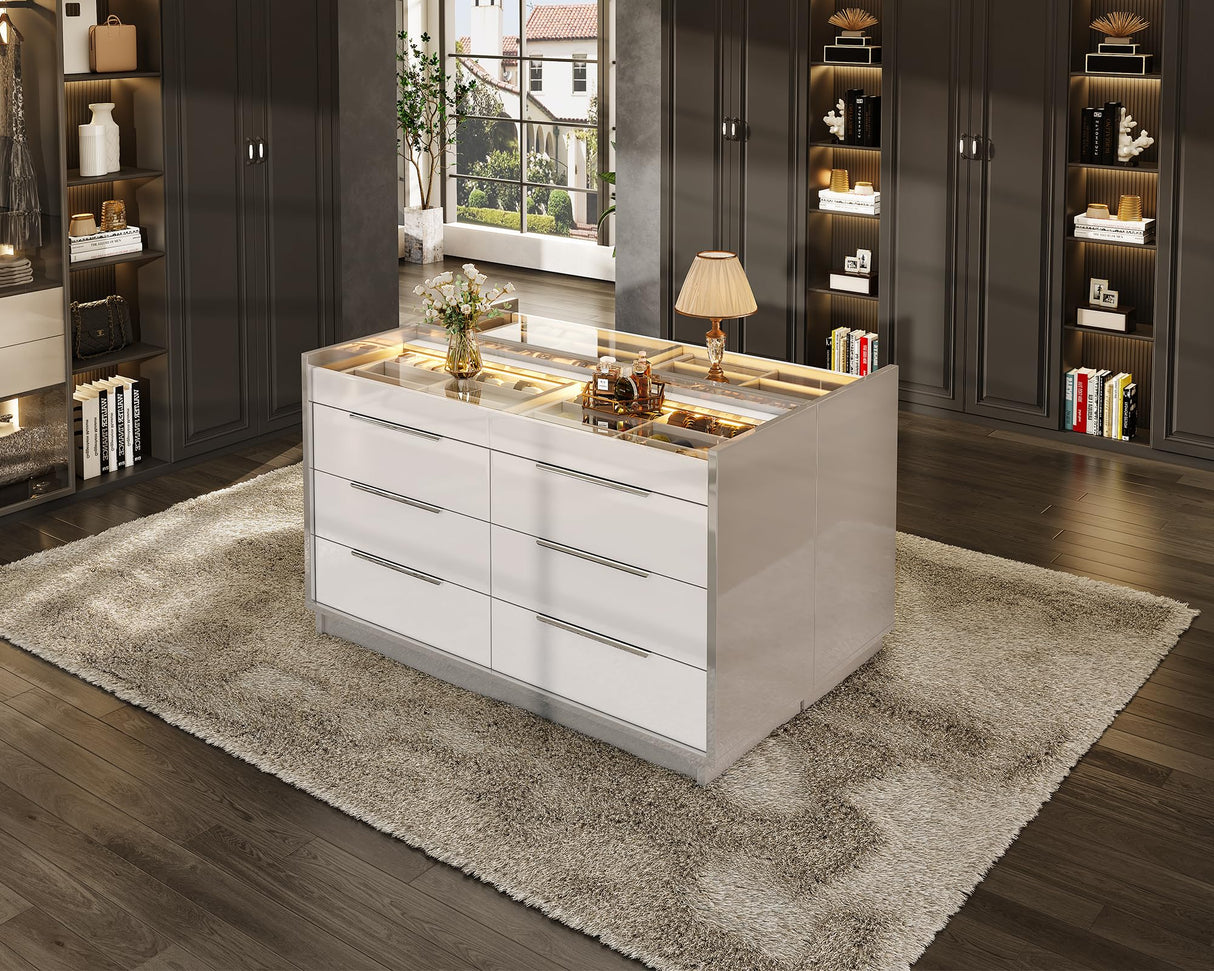 AMERLIFE 47.2" 8 Drawer Dresser with LED Light, Modern High Gloss Chest of Drawers with Glass Tabletop & 2 Six-Grid Jewelry Drawers, for Bedroom, Living Room, Dressing Room, Cream & Grey AMERLIFE