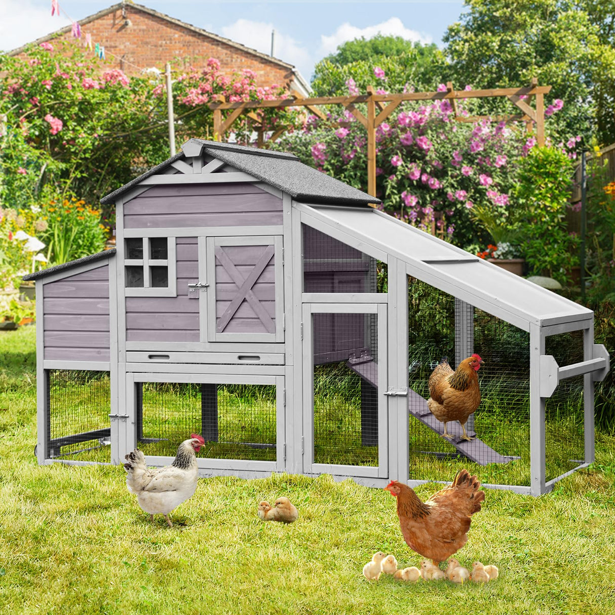 AIVITUVIN Chicken Coop with Nesting Box Mobile Chicken House on Wheels for 2-4 Chickens Rabbit Hutch Pull-Out Tray Wooden Poultry Cage Aivituvin