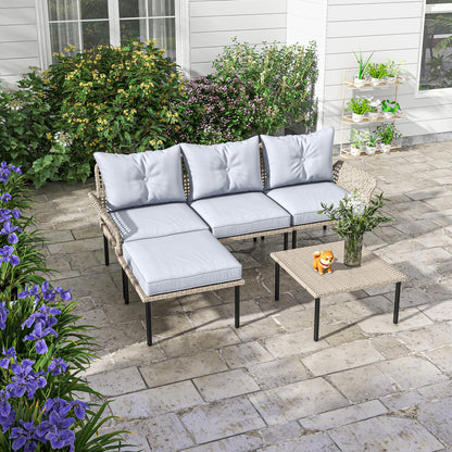 Outsunny 5 Piece Patio Furniture Set, Outdoor Conversation Set with L-Shaped Sofa, Cushions, for Backyard, Lawn and Pool, Light Gray - WoodArtSupply