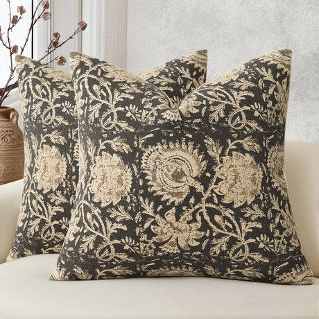 DKwizme Vintage Floral Print Throw Pillow Covers 18x18 Set of 2 Neutral Modern Farmhouse Pillowcases Accent Decorative Cushion Covers Boho Home Decor for Couch Sofa Chair Bed Living Room, Black DKwizme
