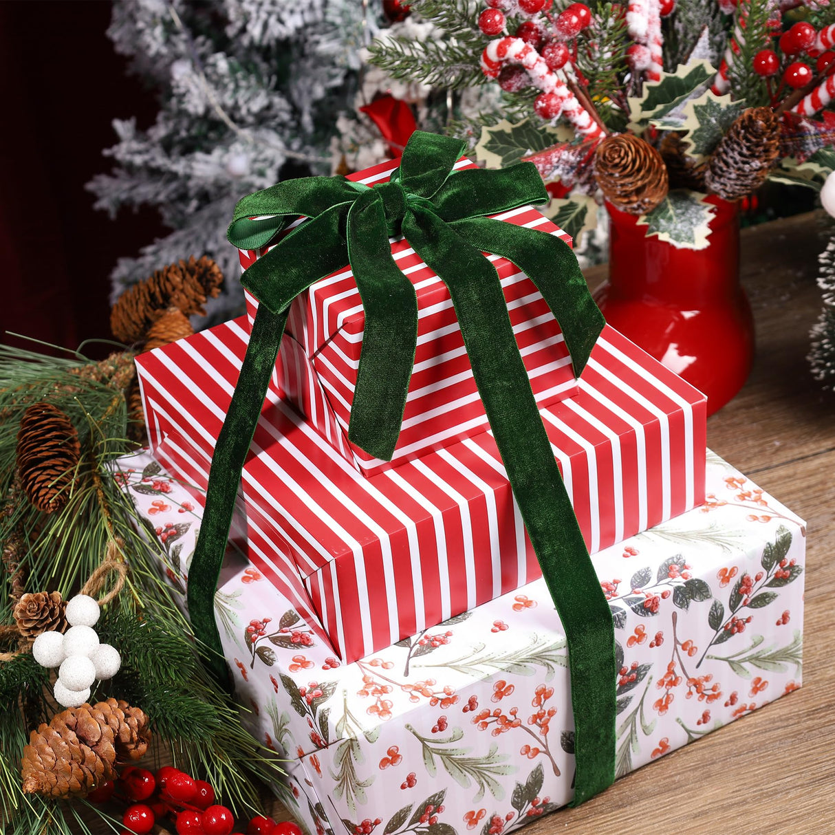 LaRibbons Reversible Christmas Wrapping Paper Roll, Vintage Red Berries & Red Stripe Gift Wrap for Christmas, Season Party, Xmas, 17 Inch x 33 Feet LaRibbons