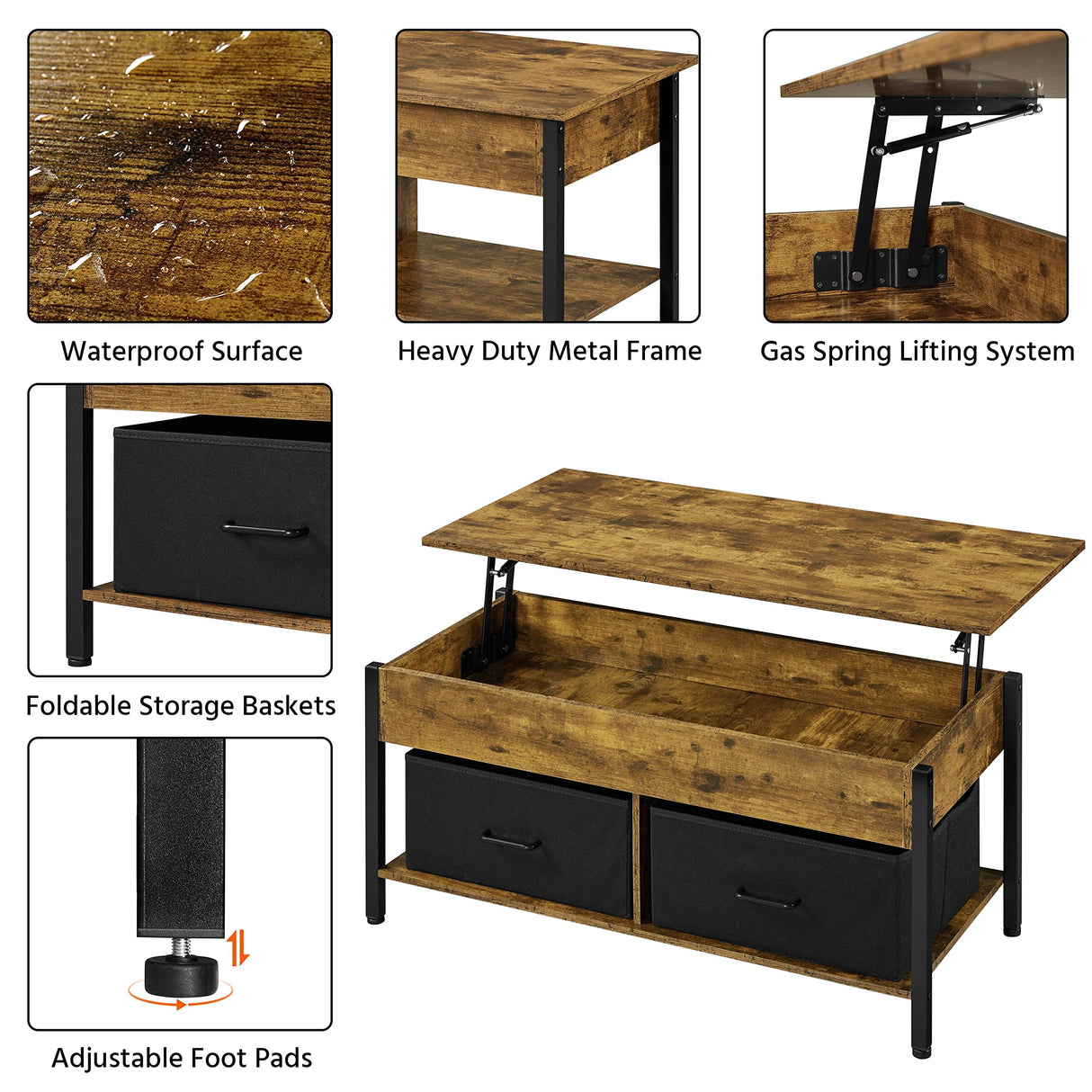 Yaheetech Lift Top Coffee Table with Storage and 2 Fabric Baskets, 41.5 Inch Wooden Raisable Top Coffee Table for Living Room & Office, Rustic Brown Yaheetech