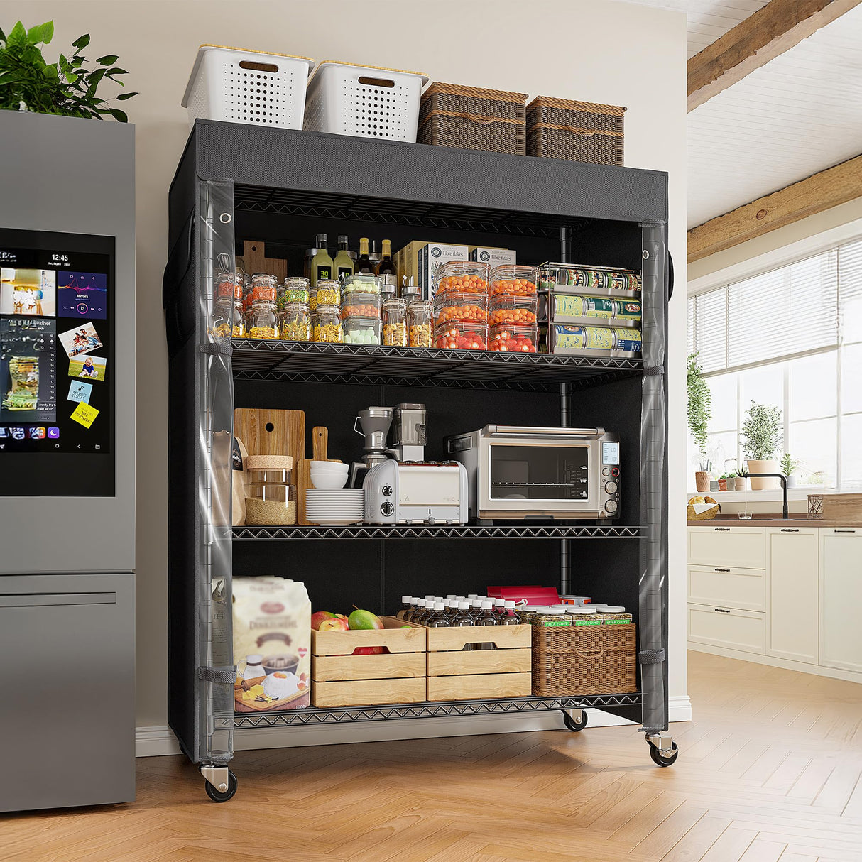 REIBII 4-Tier Storage Shelves Wire Shelving Unit with Cover & Wheels, Heavy Duty Metal Shelving for Dorm Storage Shelves, Garage Storage Rack Commercial Shelf, 36" W*14.3" D*56.5" H REIBII