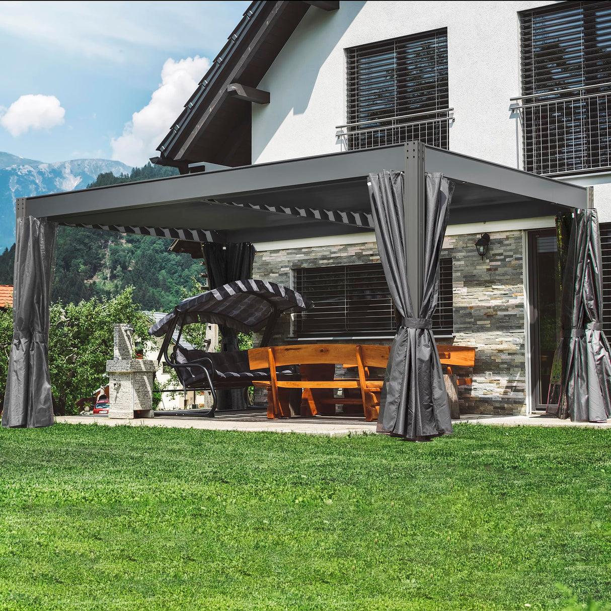 Domi Outdoor Louvered Pergola 12x16FT All Aluminum Structure,Patio Rainproof Pergola with Two Independently Adjustable Roof for Backyard Garden w/Curtains and Netting - Dark Gray domi outdoor living