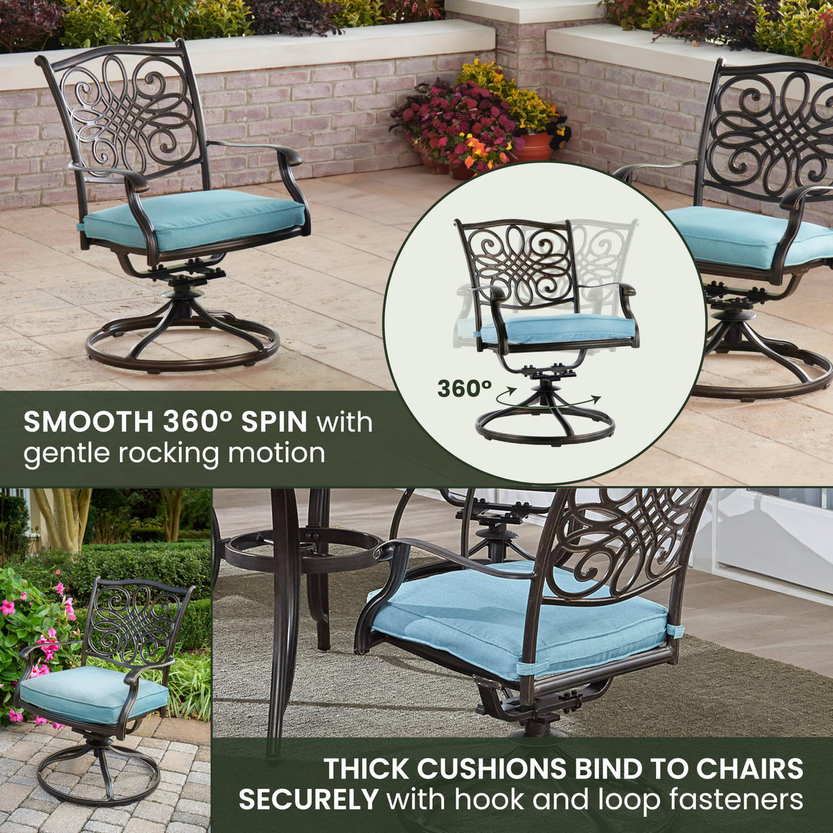 Hanover Traditions 5-Piece Rust Resistant Aluminum Patio Dining Set with Blue Cushions, Swivel Rockers and Aluminum Round Dining Table, Outdoor Dining Set for 4 Hanover