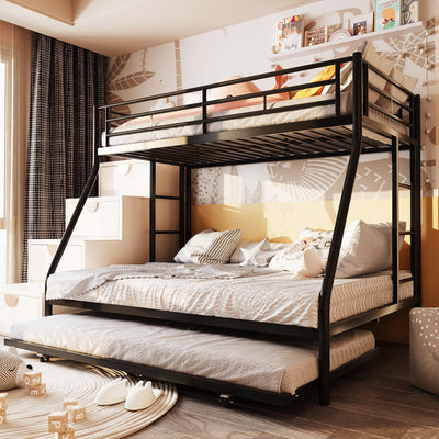 SUNLEI Bunk Bed Twin Over Full with Trundle, Twin Trundle Bed with Daybed, Metal Bunk Bed with 2 Secured Ladders, Safety Guard, Noise Free for Small Bedroom, Black (with Trundles, Twin Over Full)
