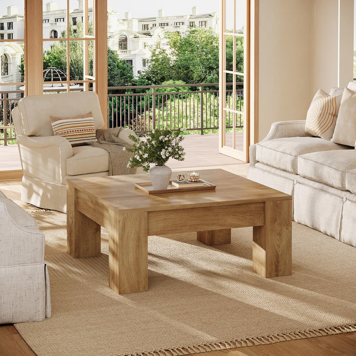 Tribesigns Square Coffee Table, 39-Inch Farmhouse Wooden Coffee Table with Sturdy Legs, Rustic Accent Center Table for Living Room, Easy Assembly, Light Brown Tribesigns