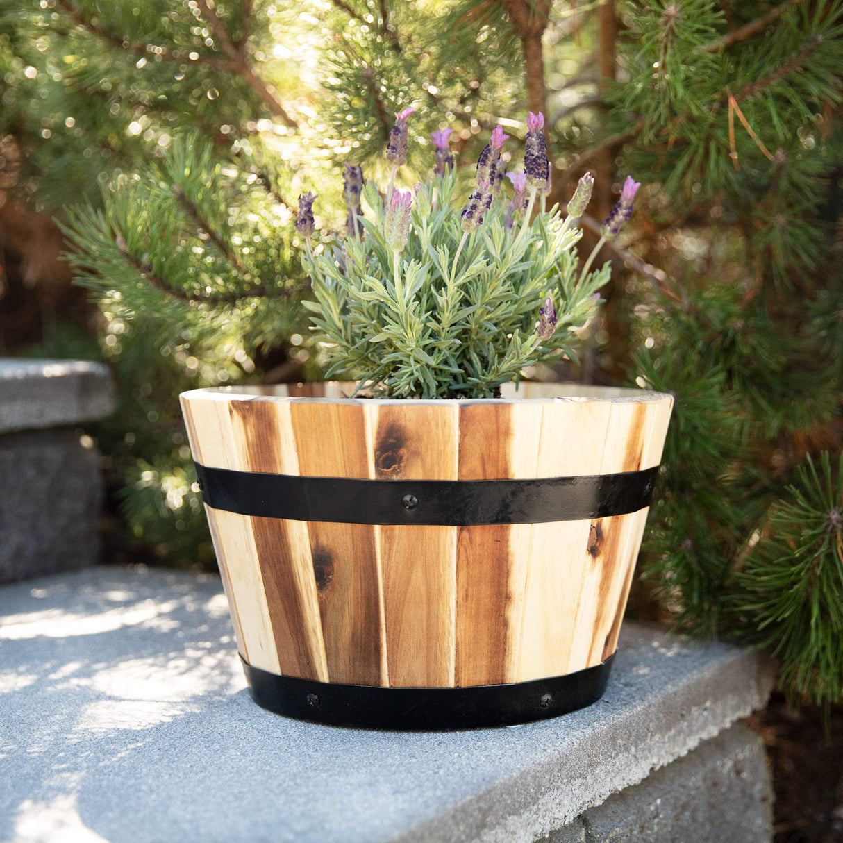 Thirteen Chefs Villa Acacia Round Wooden Farmhouse Planter 11 Inch Plant and Flower Pot for Outdoor Gardens Thirteen Chefs