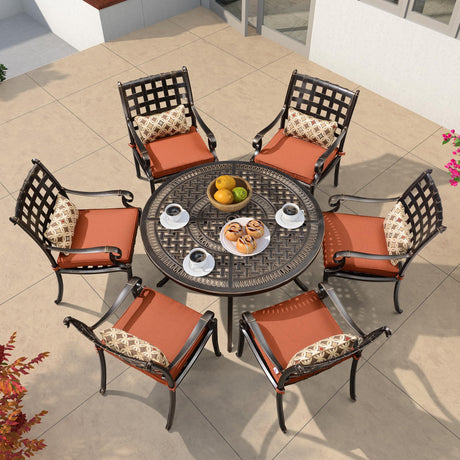 PURPLE LEAF 7 Pieces Outdoor Dining Set Cast Aluminum with 6 Armchairs and 47" Round Table, Cushion and Pillow Included, for Lawn Yard Garden Patio Dining Sets, Brick Red PURPLE LEAF